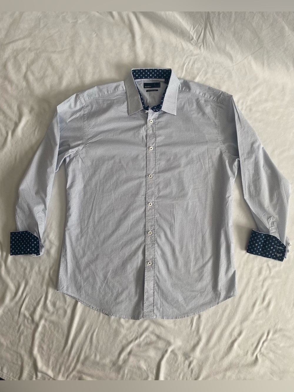 Quieti Men's Light Blue Micro-Pattern Dress Shirt with Navy Contrast - Size L